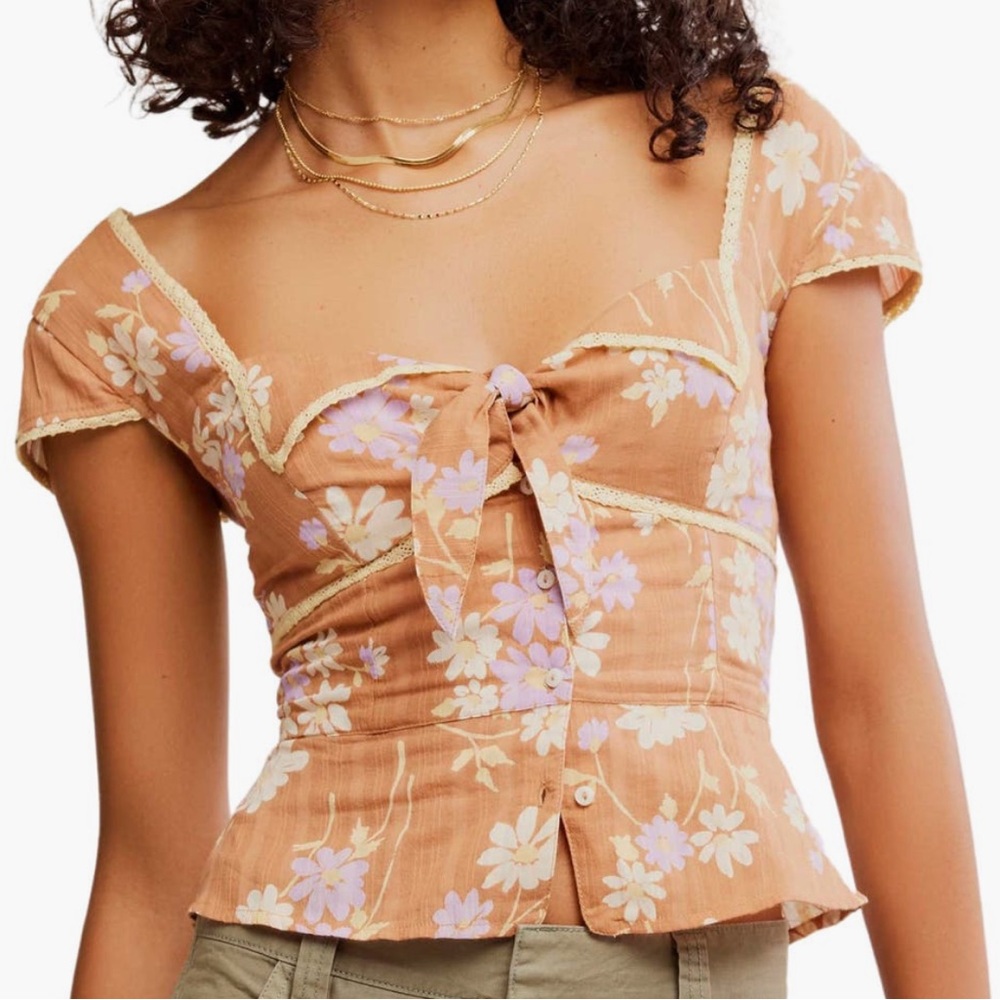 Free People Call Me Baby Top Cap Sleeve Button-Up Size XL Color Meerkat Combo